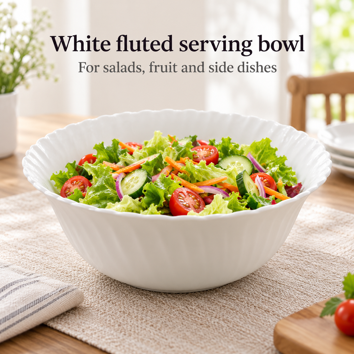 Danny Home 9 Inch White Ceramic Serving Bowl – Large Porcelain Salad & Mixing Bowl