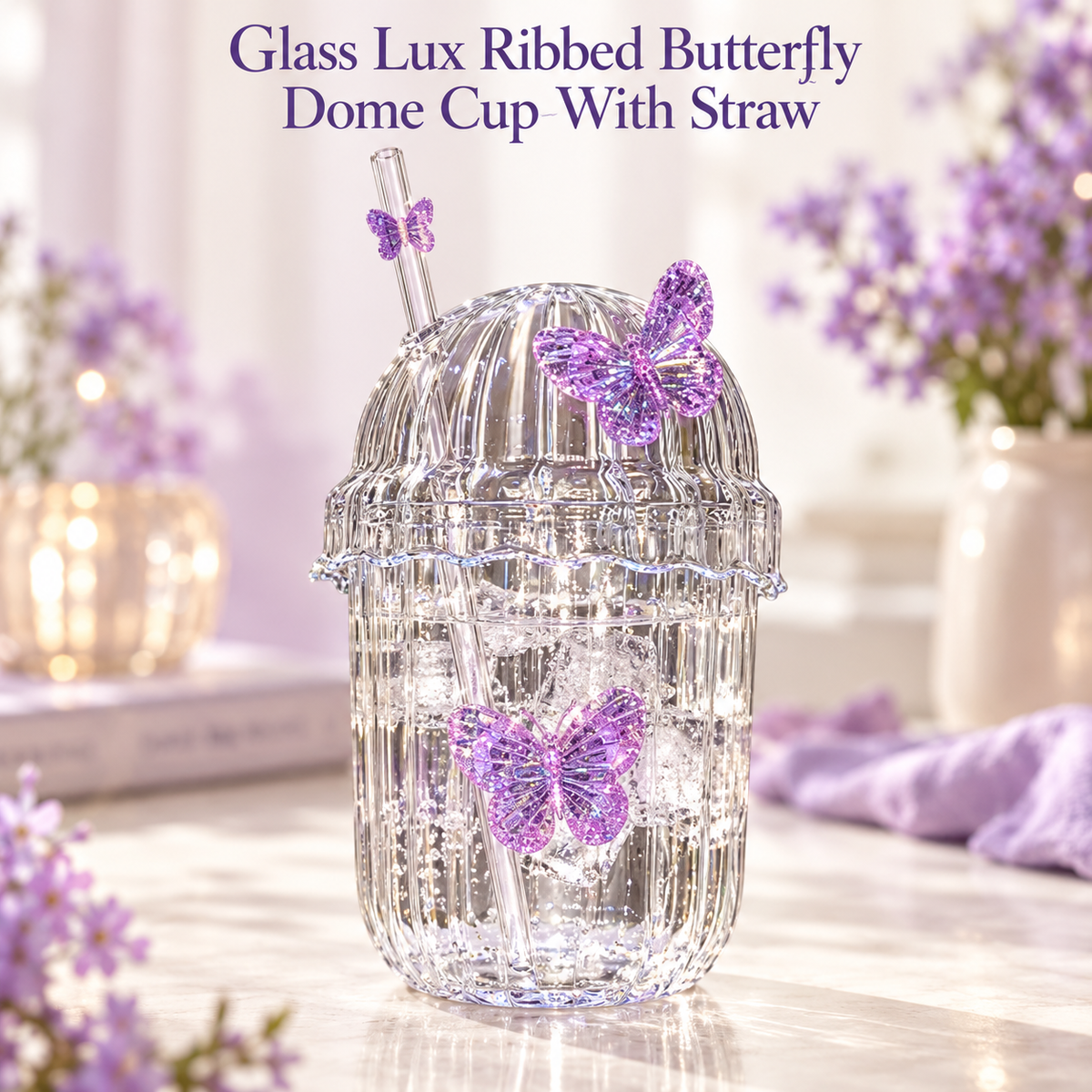 Glasslux Ribbed Butterfly Dome Cup With Straw - Purple / 400 ml