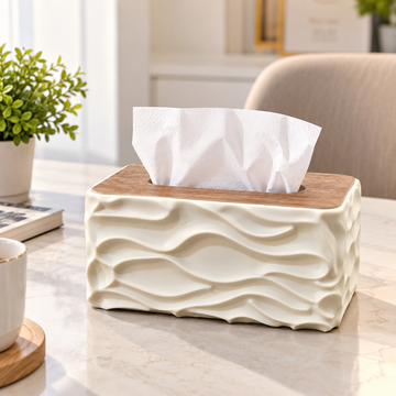 WHITE WAVE TEXTURE RECTANGULAR TISSUE BOX WITH WOODEN STYLE LID
