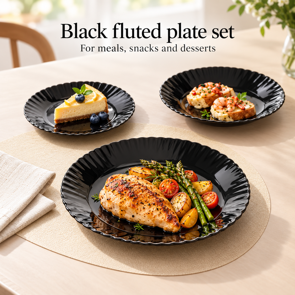 Danny Homer Black Fluted Plate Set - 18 Pieces