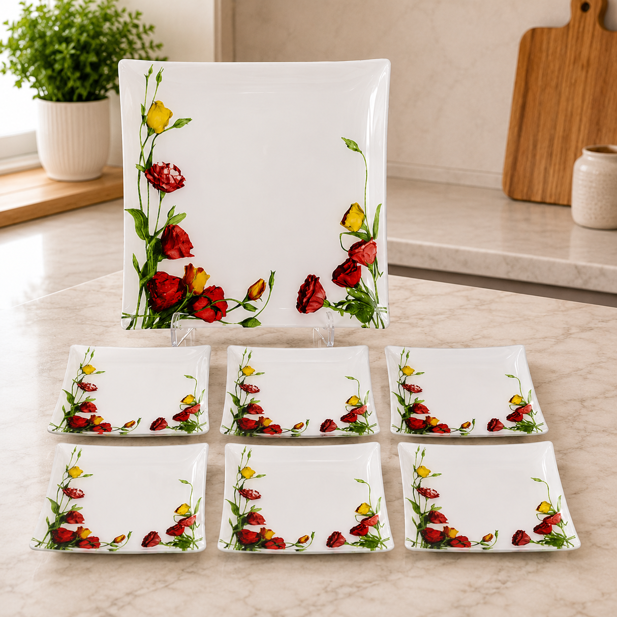 ARCOFAM FLORAL SQUARE SERVING PLATE SET WITH RED AND YELLOW FLOWER DESIGN - SEVDA