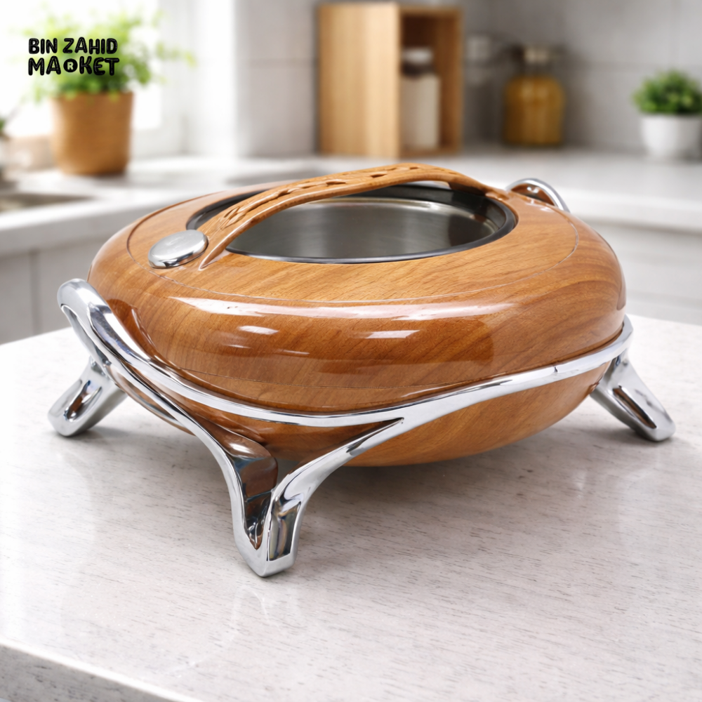 5L LUXURY INSULATED CHAFING DISH HOT POT WITH STAND – STAINLESS STEEL INNER SILVER FRAME & WOOD FINISH BODY – PREMIUM