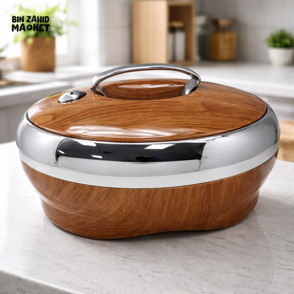 5L PREMIUM INSULATED STAINLESS STEEL HOT POT CASSEROLE WITH WOOD FINISH & SILVER BODY – THERMAL FOOD WARMER WITH LID &