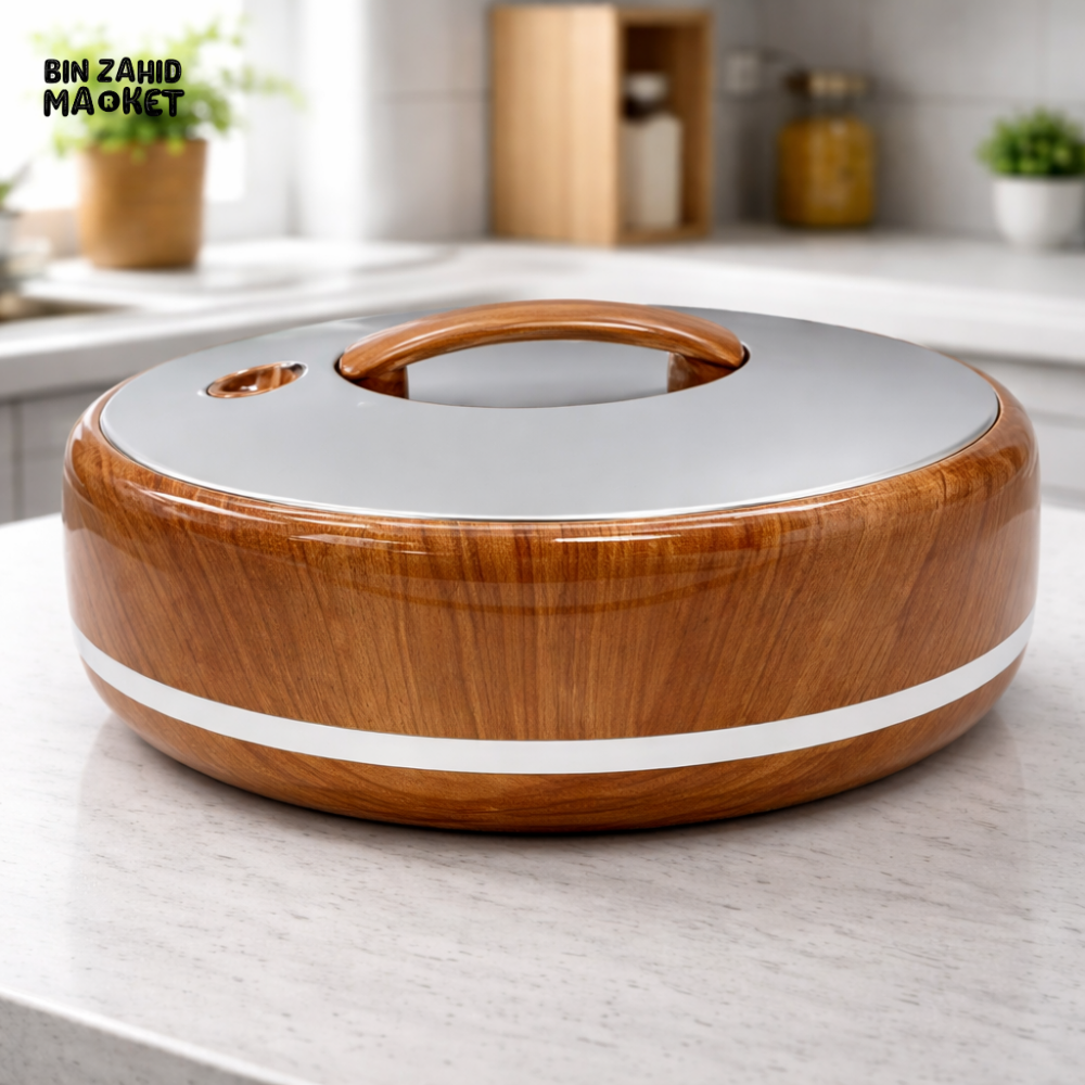 5L PREMIUM ROUND INSULATED HOT POT CASSEROLE – STAINLESS STEEL INNER WITH SILVER LID & WOOD FINISH BODY – THERMAL FOOD