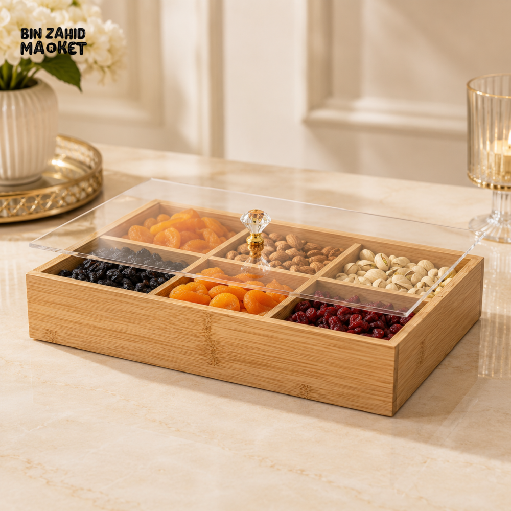 6-COMPARTMENT BAMBOO DRY FRUIT & SNACK ORGANIZER WITH CLEAR LID