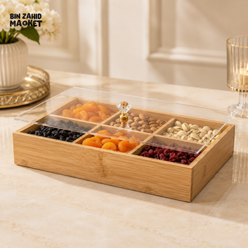 6-COMPARTMENT BAMBOO DRY FRUIT & SNACK ORGANIZER WITH CLEAR LID