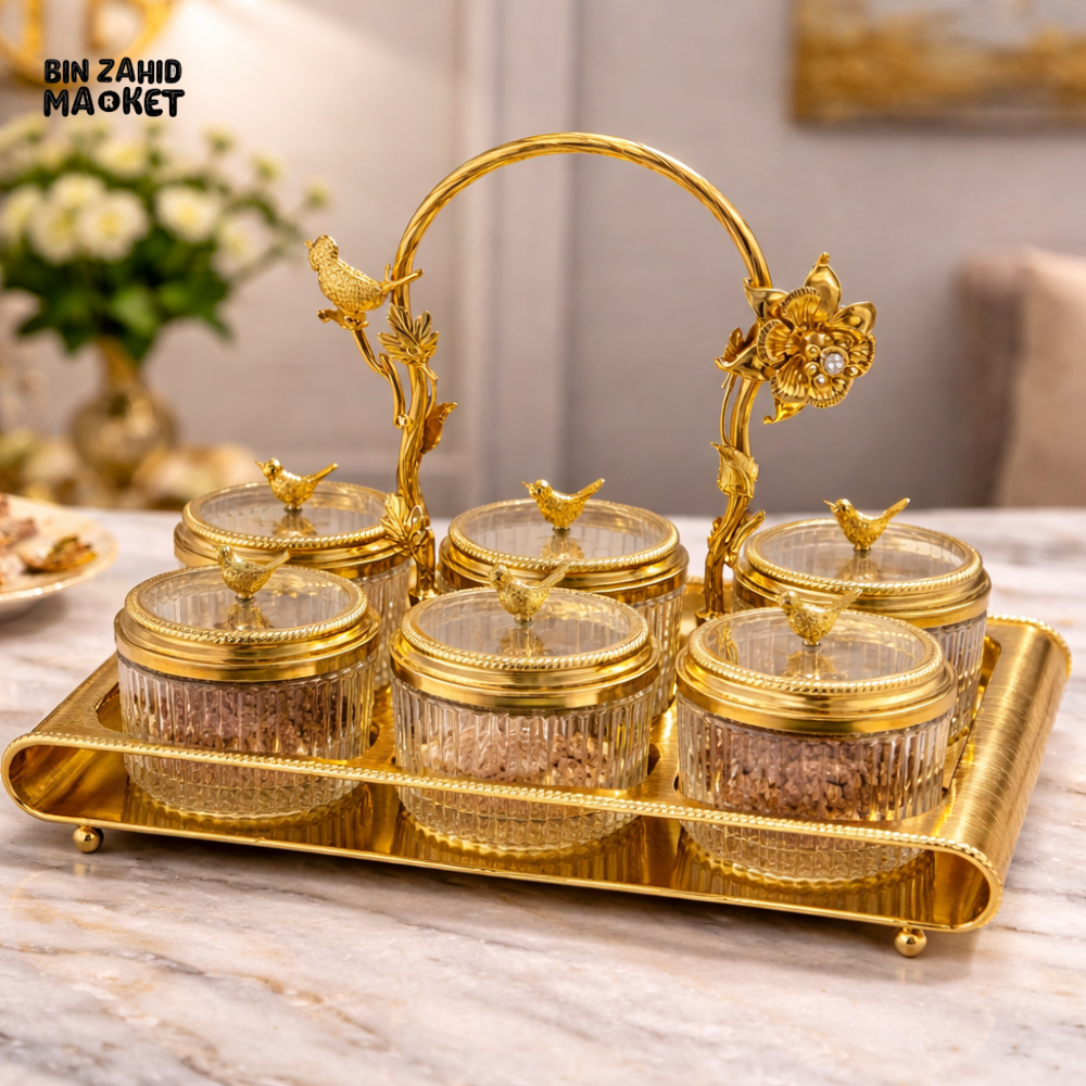 6-PARTITION LUXURY DRY FRUIT TRAY SET WITH LIDS & HANDLE DECORATIVE SERVING SET - GOLDEN