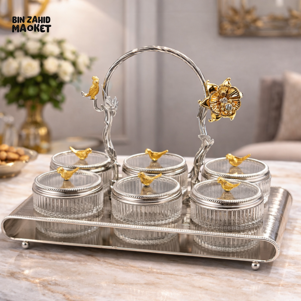 6-PARTITION LUXURY DRY FRUIT TRAY SET WITH LIDS & HANDLE DECORATIVE SERVING SET - SILVER