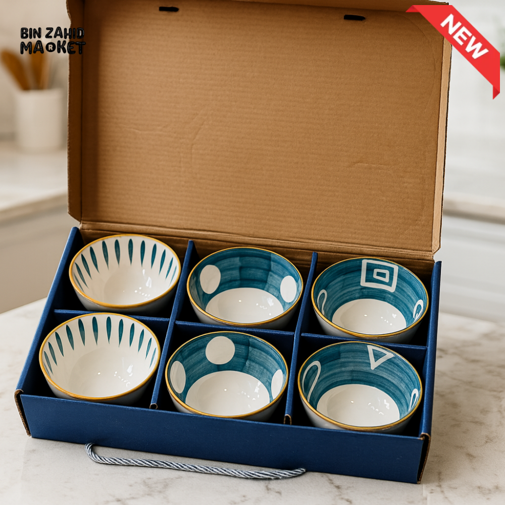 6-PIECE CERAMIC BOWL SET – GEOMETRIC PATTERN GIFT BOX