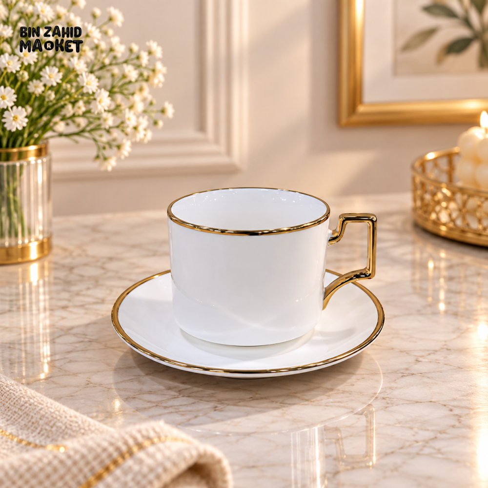 6 PIECE CLASSIC WHITE GOLD RIM TEA CUP & SAUCER SET