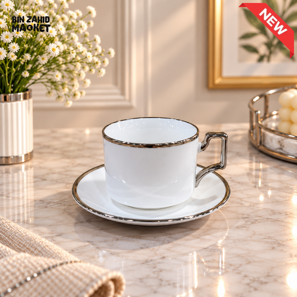 6 PIECE CLASSIC WHITE SILVER RIM TEA CUP & SAUCER SET