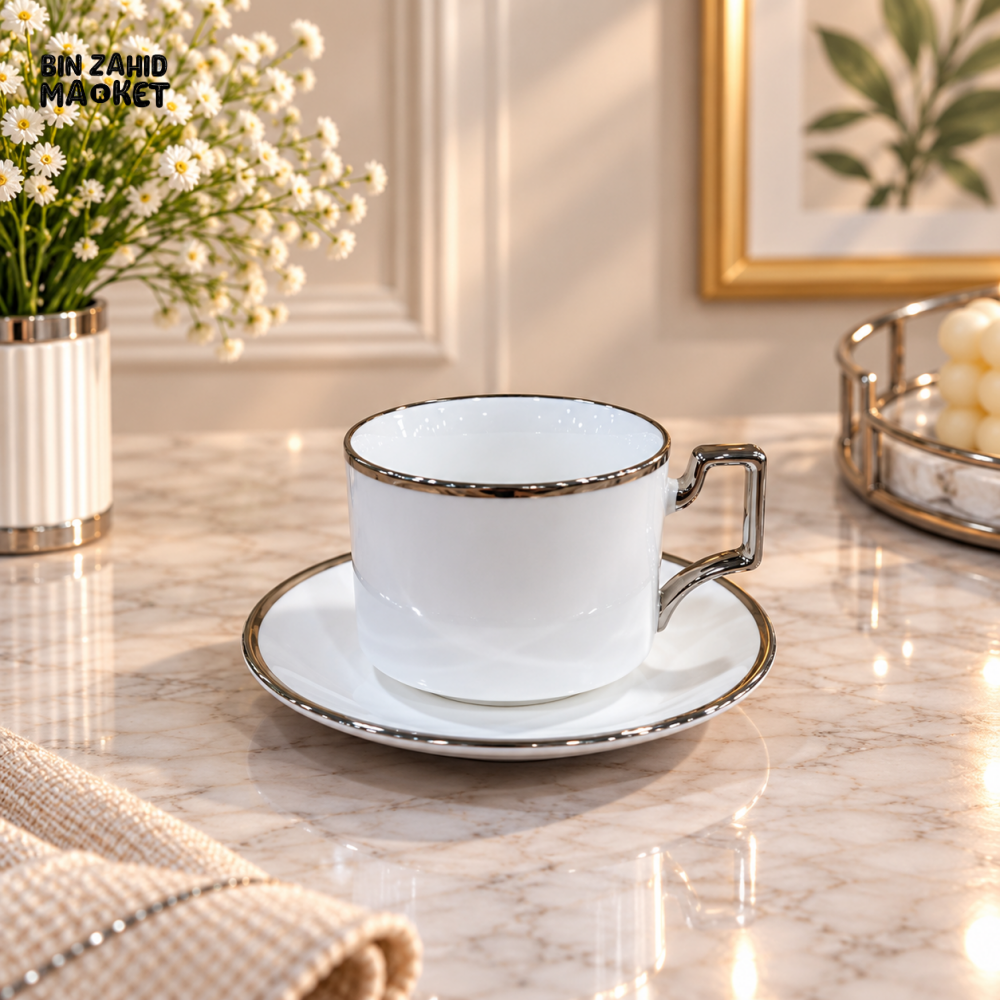 6 PIECE CLASSIC WHITE SILVER RIM TEA CUP & SAUCER SET