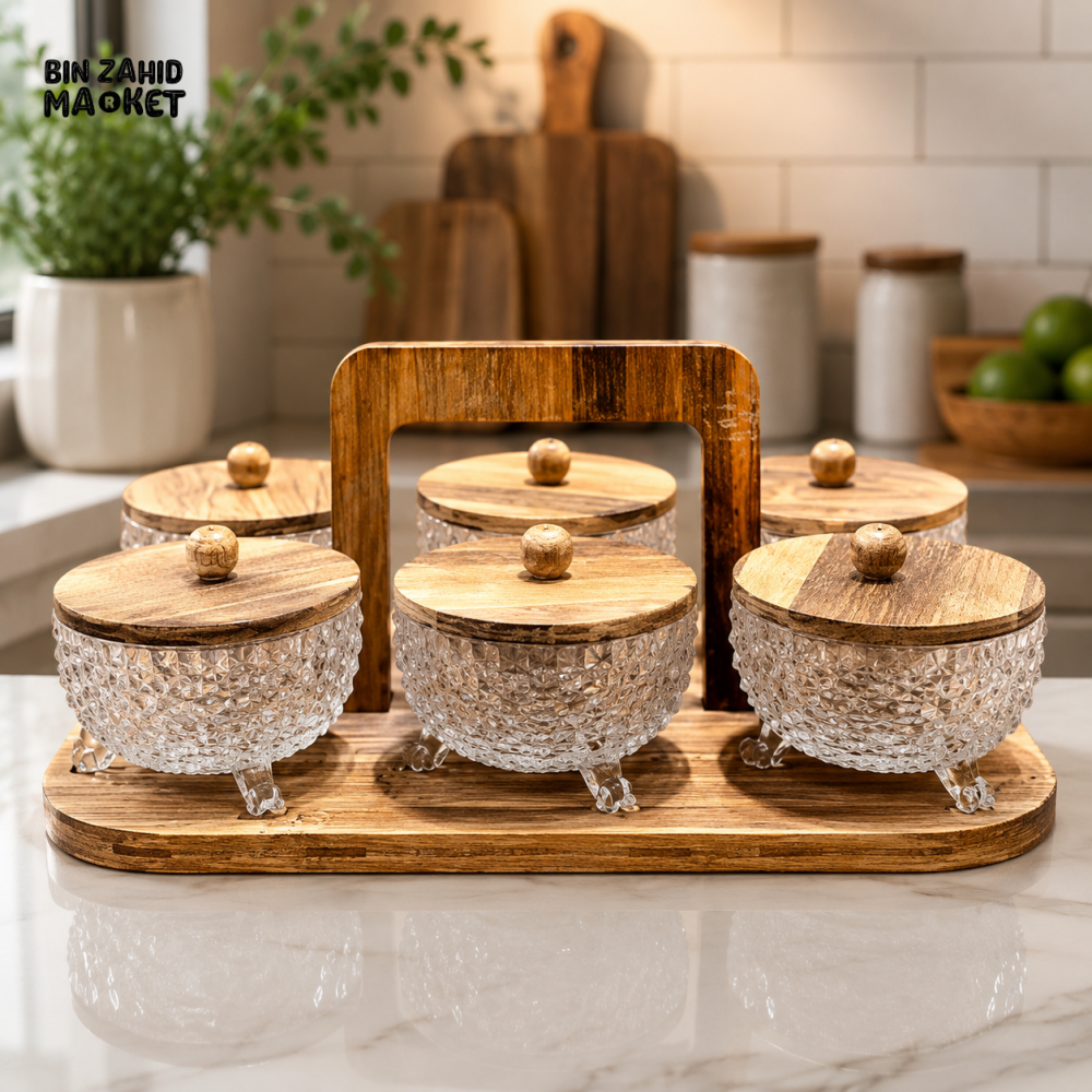 6-PIECE GLASS SEASONING JAR SET WITH WOODEN STAND