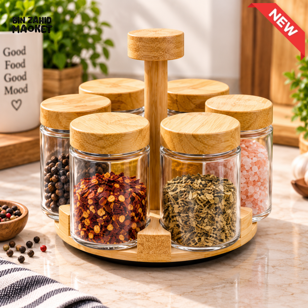 6-PIECE GLASS SPICE JAR SET WITH BAMBOO LIDS & ROTATING STORAGE RACK