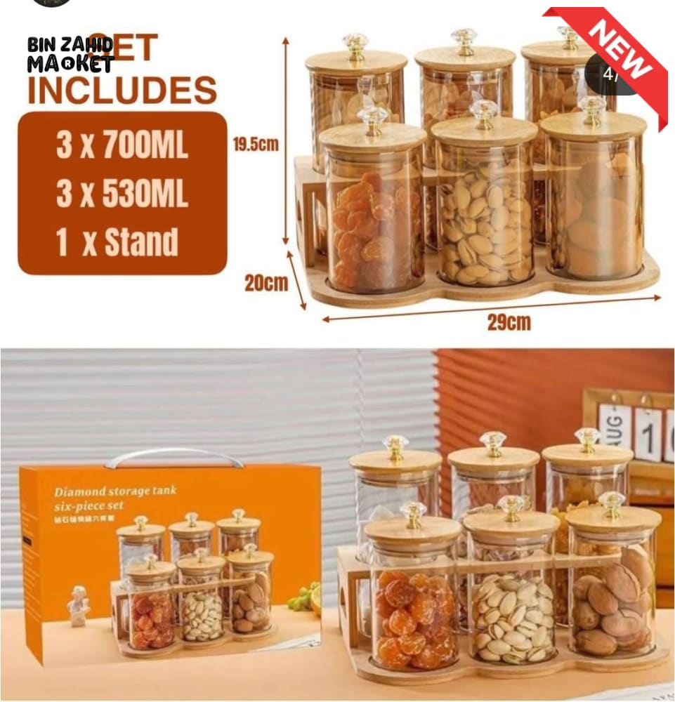 6-PIECE GLASS STORAGE JAR SET – BAMBOO LIDS & CRYSTAL KNOBS WITH STAND