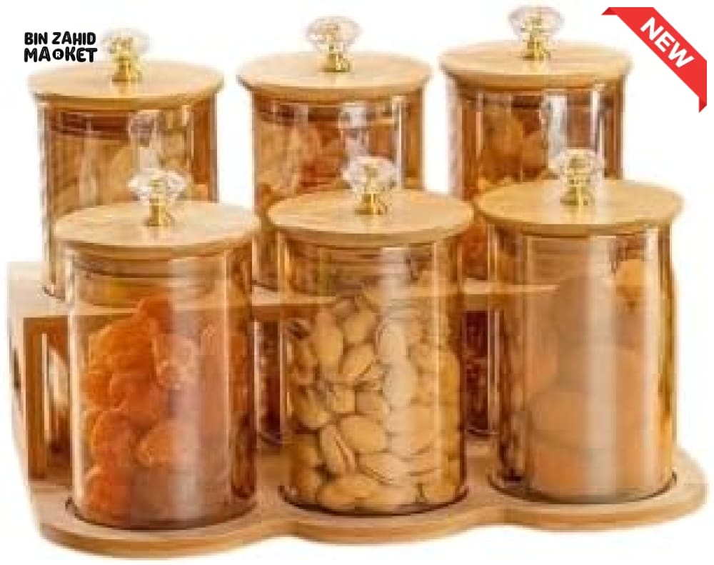 6-PIECE GLASS STORAGE JAR SET – BAMBOO LIDS & CRYSTAL KNOBS WITH STAND