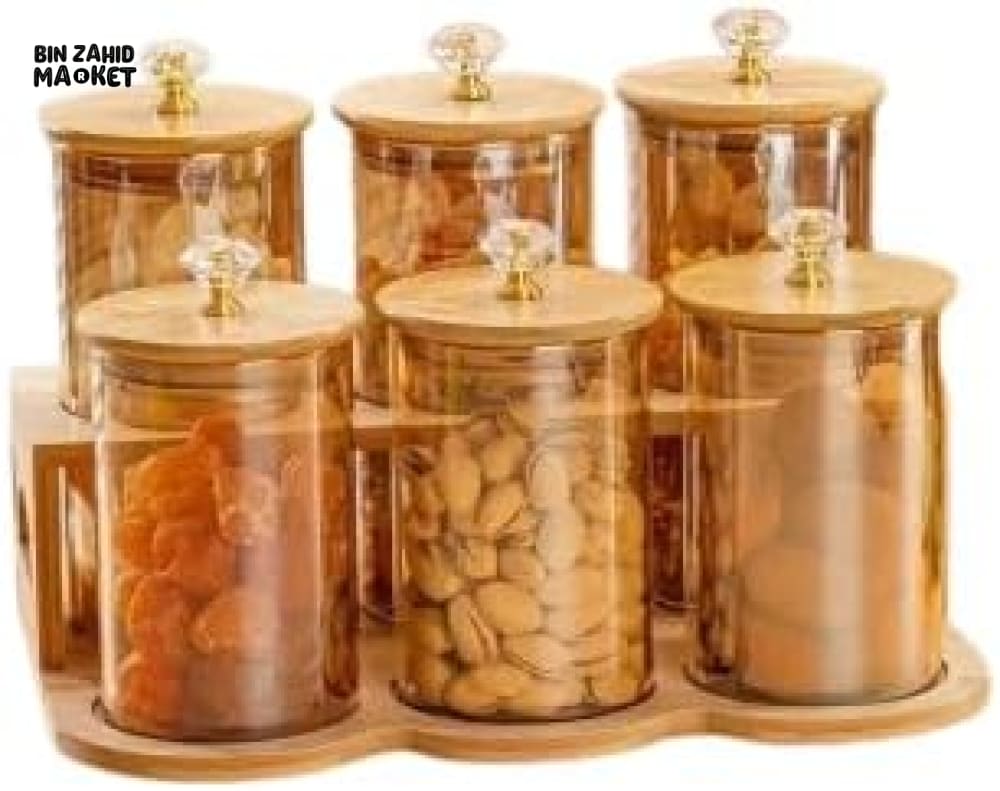 6-PIECE GLASS STORAGE JAR SET – BAMBOO LIDS & CRYSTAL KNOBS WITH STAND