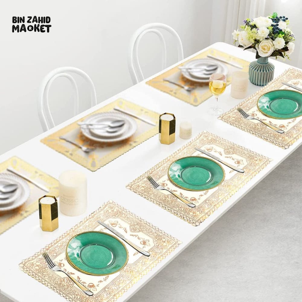 6 Piece Gold Bloom Placemats – Non-Slip Washable Heat-Resistant