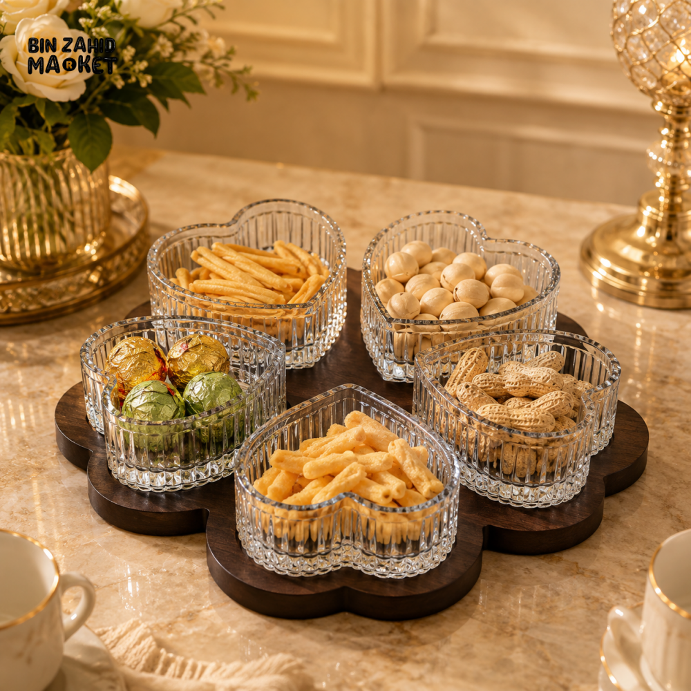 5-PIECE HEART SHAPE GLASS SNACK BOWL SET WITH WOODEN BASE