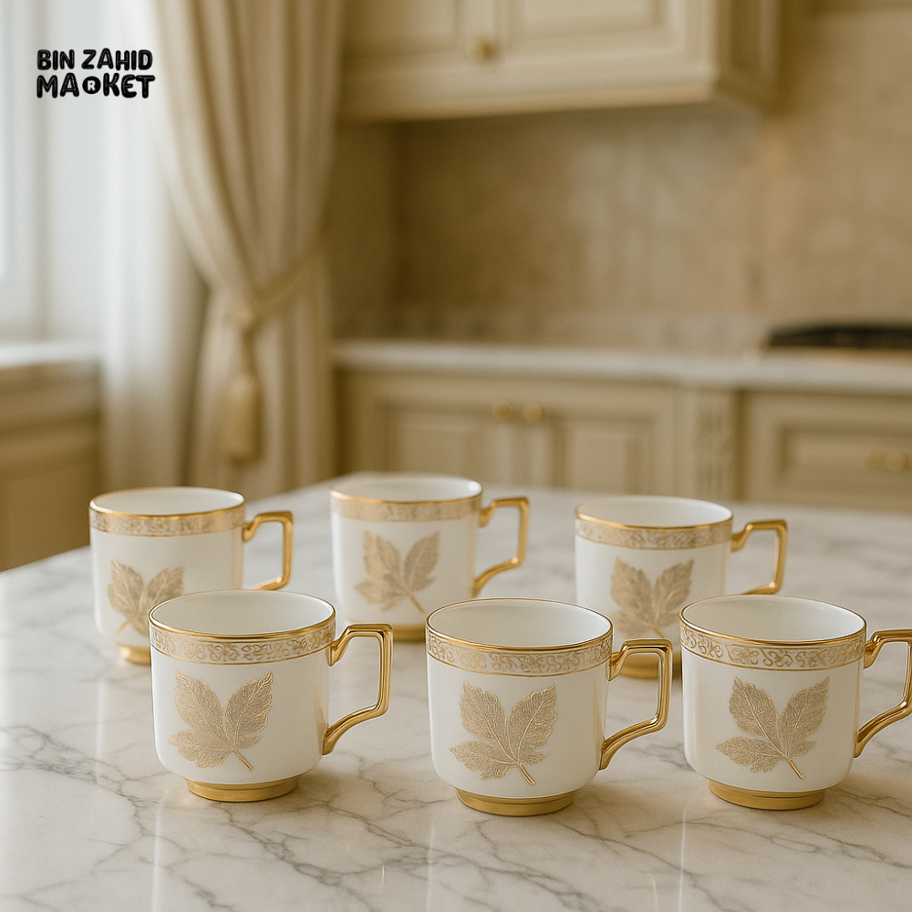 6 PIECE LUXURY PORCELAIN TEACUP & SAUCER SET – GOLD HANDLE & LEAF DESIGN – PREMIUM GIFT EDITION