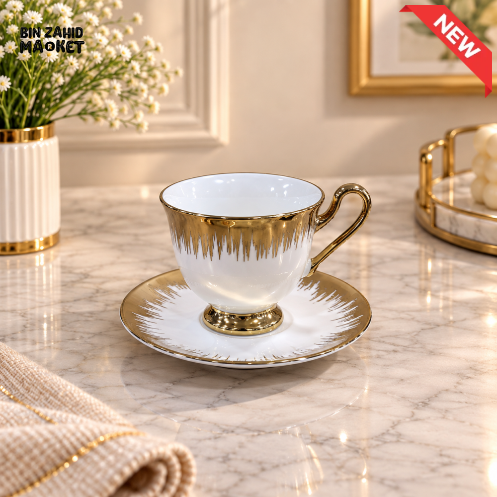 6 PIECE PREMIUM GOLD ACCENT TEA CUP & SAUCER SET