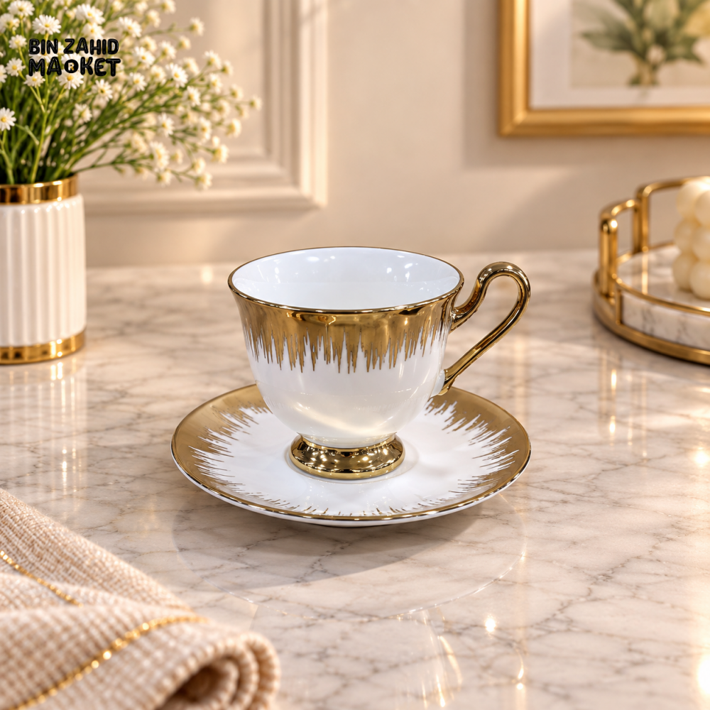 6 PIECE PREMIUM GOLD ACCENT TEA CUP & SAUCER SET