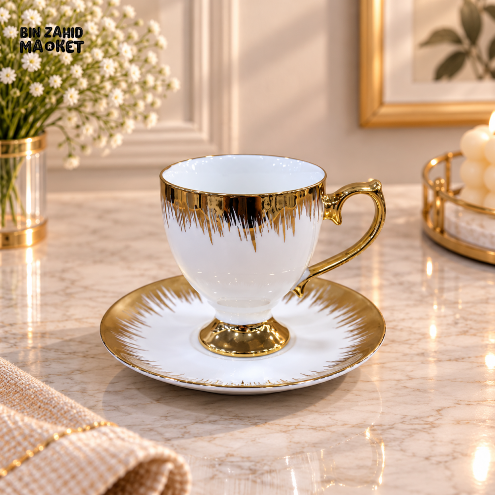 6 PIECE PREMIUM GOLD ACCENT TEA CUP & SAUCER SET