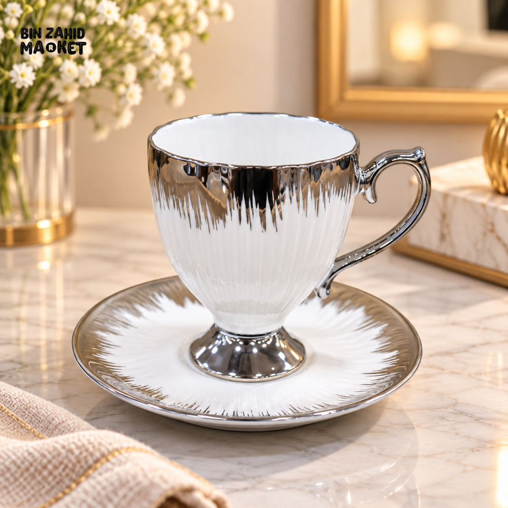 6 PIECE PREMIUM SILVER ACCENT TEA CUP & SAUCER SET