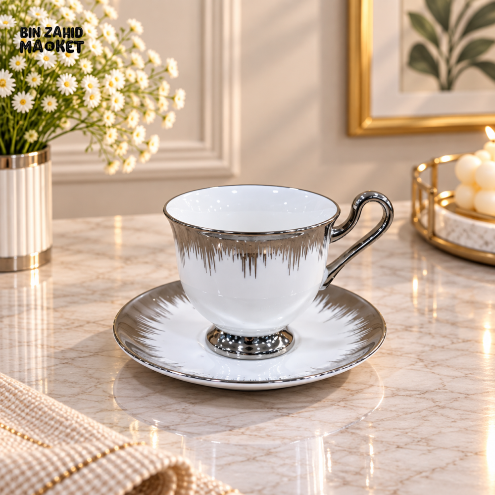 6 PIECE PREMIUM SILVER ACCENT TEA CUP & SAUCER SET