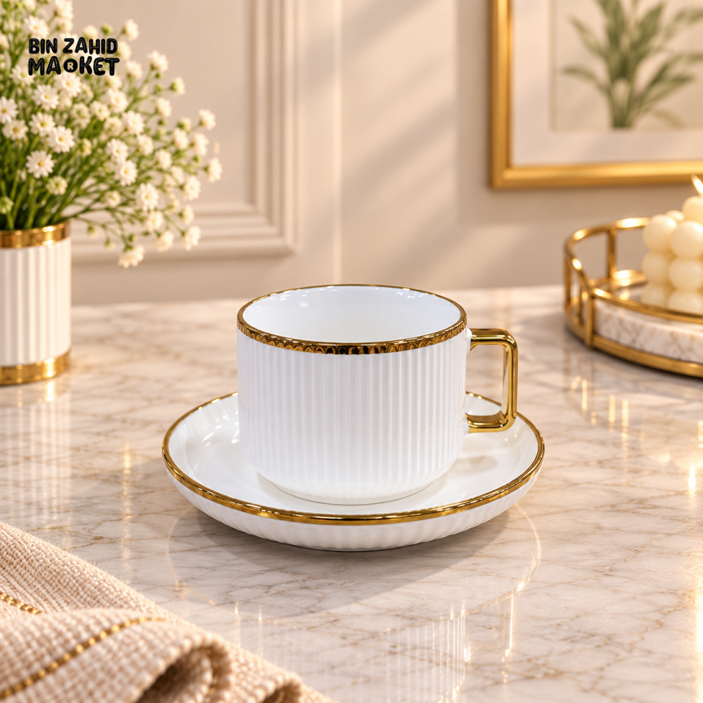6 PIECE RIBBED GOLD RIM TEA CUP & SAUCER SET
