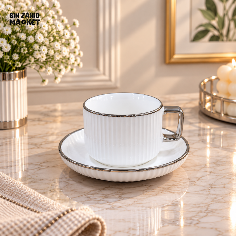 6 PIECE RIBBED SILVER RIM TEA CUP & SAUCER SET