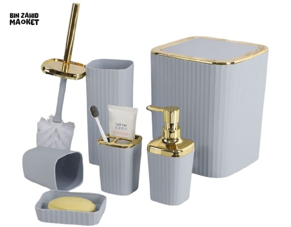 6 PIECES BATHROOM ACCESSORY SET SOAP DISPENSER TOILET BRUSH LOTION BOTTLE TRASH CAN TOOTHBRUSH CUP & STORAGE BOX
