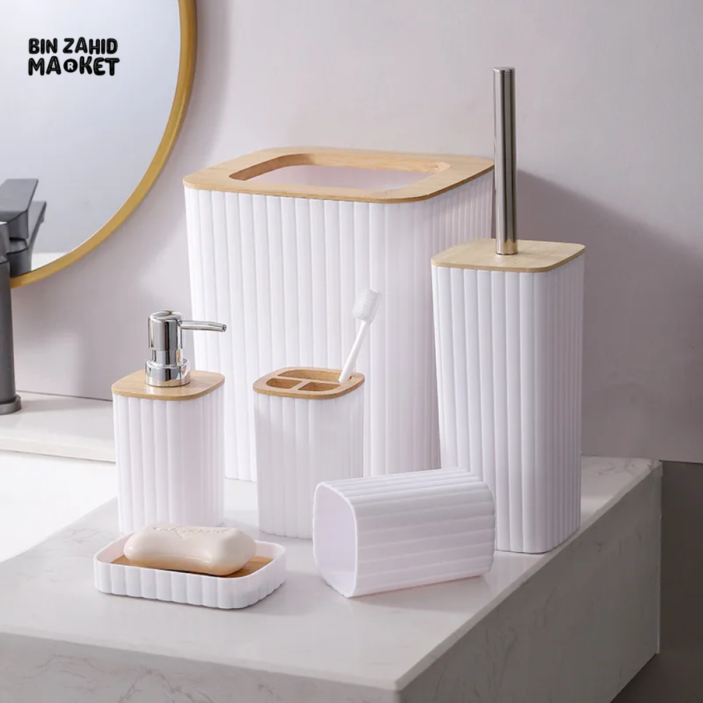 6 PIECES NORDIC STYLE BATHROOM ACCESSORY SET PLASTIC TOILET BRUSH LOTION BOTTLE STORAGE BOX & TOILETRY ORGANIZER - WHITE