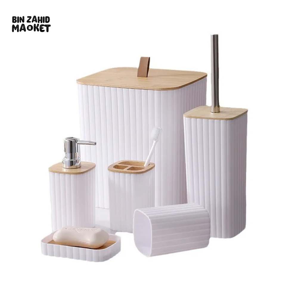 6 PIECES NORDIC STYLE BATHROOM ACCESSORY SET PLASTIC TOILET BRUSH LOTION BOTTLE STORAGE BOX & TOILETRY ORGANIZER - WHITE