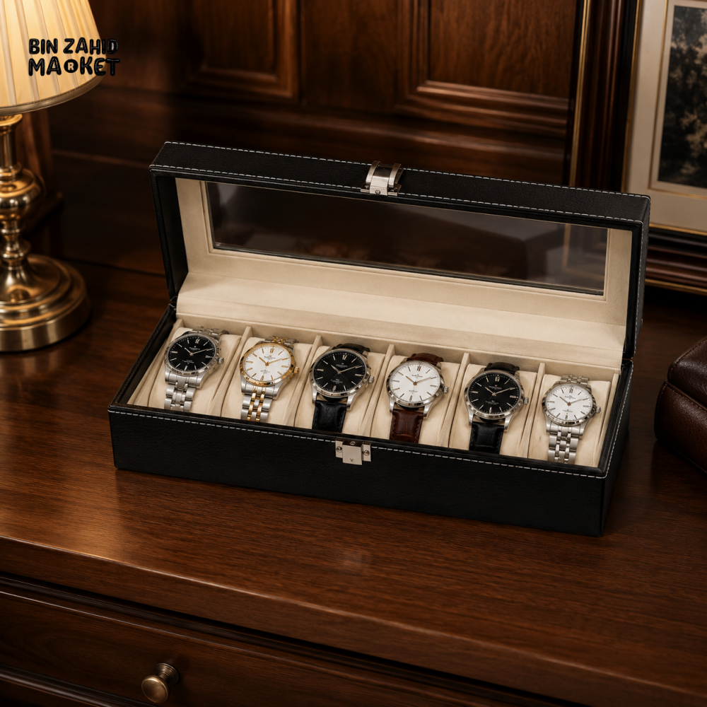 6-SLOT PREMIUM WATCH STORAGE BOX WITH GLASS LID