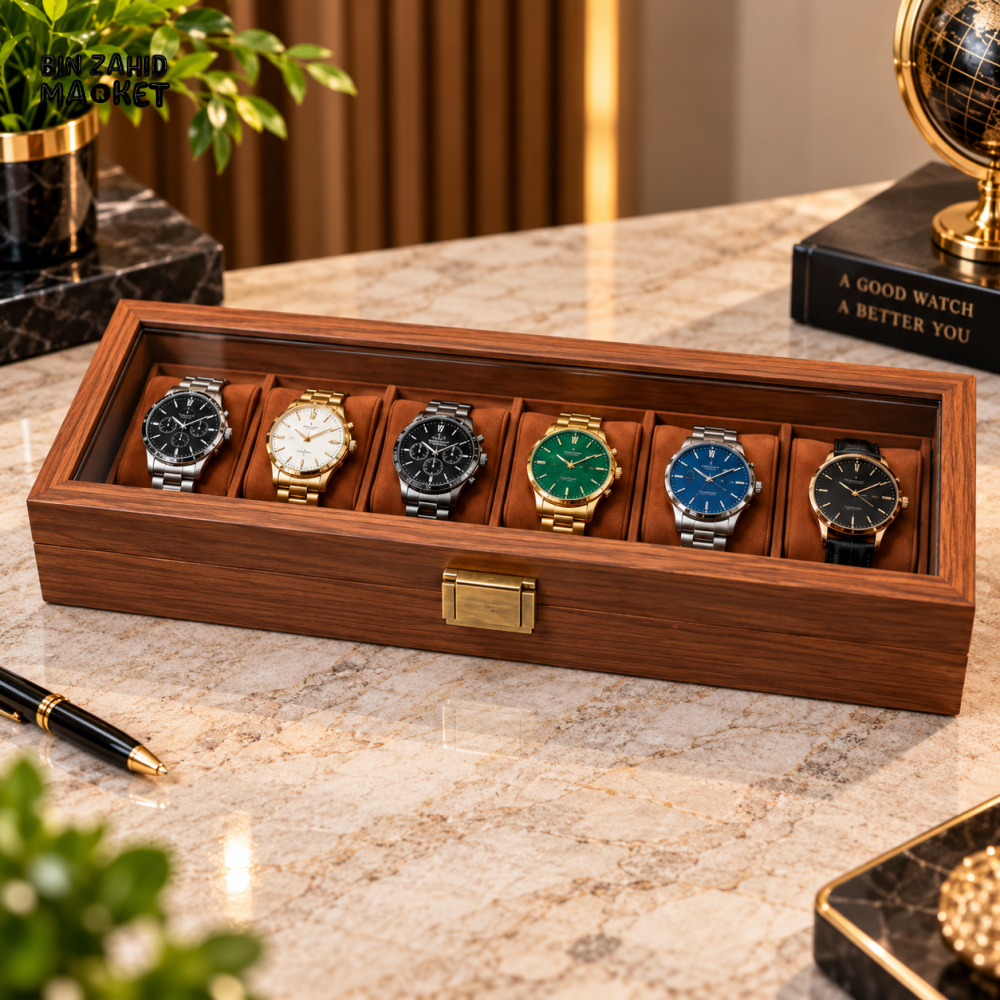 6-SLOT PREMIUM WOODEN WATCH STORAGE & DISPLAY BOX WITH GLASS LID