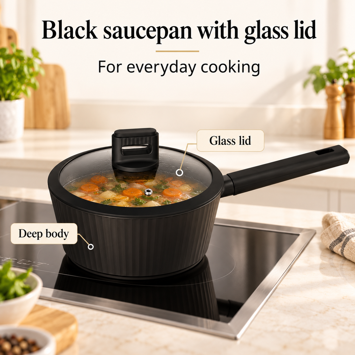 Danny Home Black Saucepan With Glass Lid