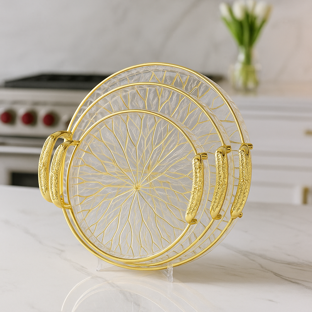 MODERN LUXURY TEA & SNACK TRAYS – 3-PIECE TRAY SET WITH GOLD HANDLES - CIRCLE