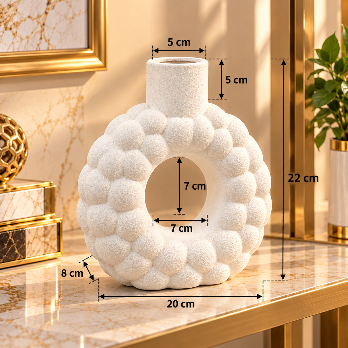 WHITE BUBBLE TEXTURE ROUND OPEN CENTER DECORATIVE VASE - SMALL
