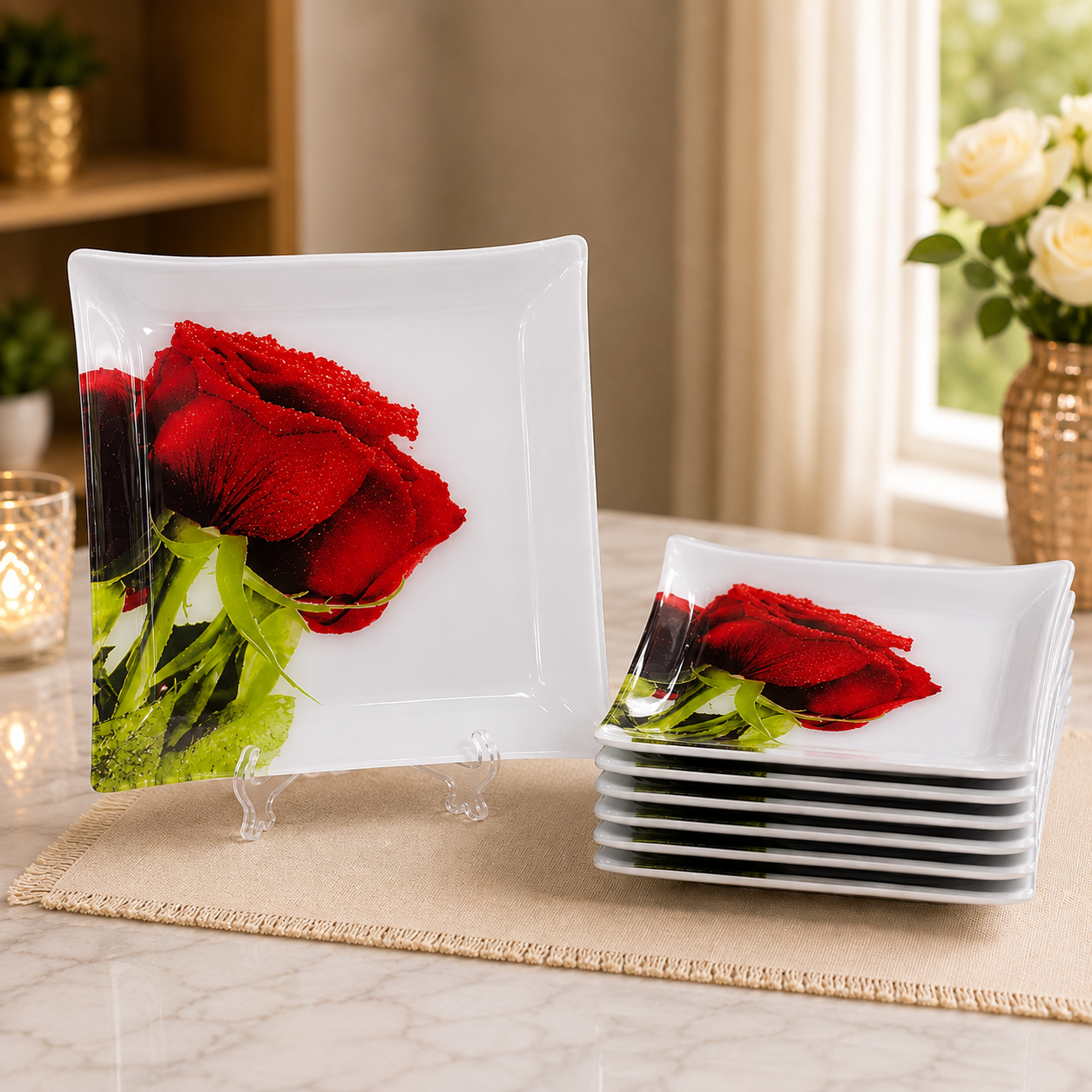 ARCOFAM 7 PCS SQUARE GLASS DESSERT PLATE SET – ROSE