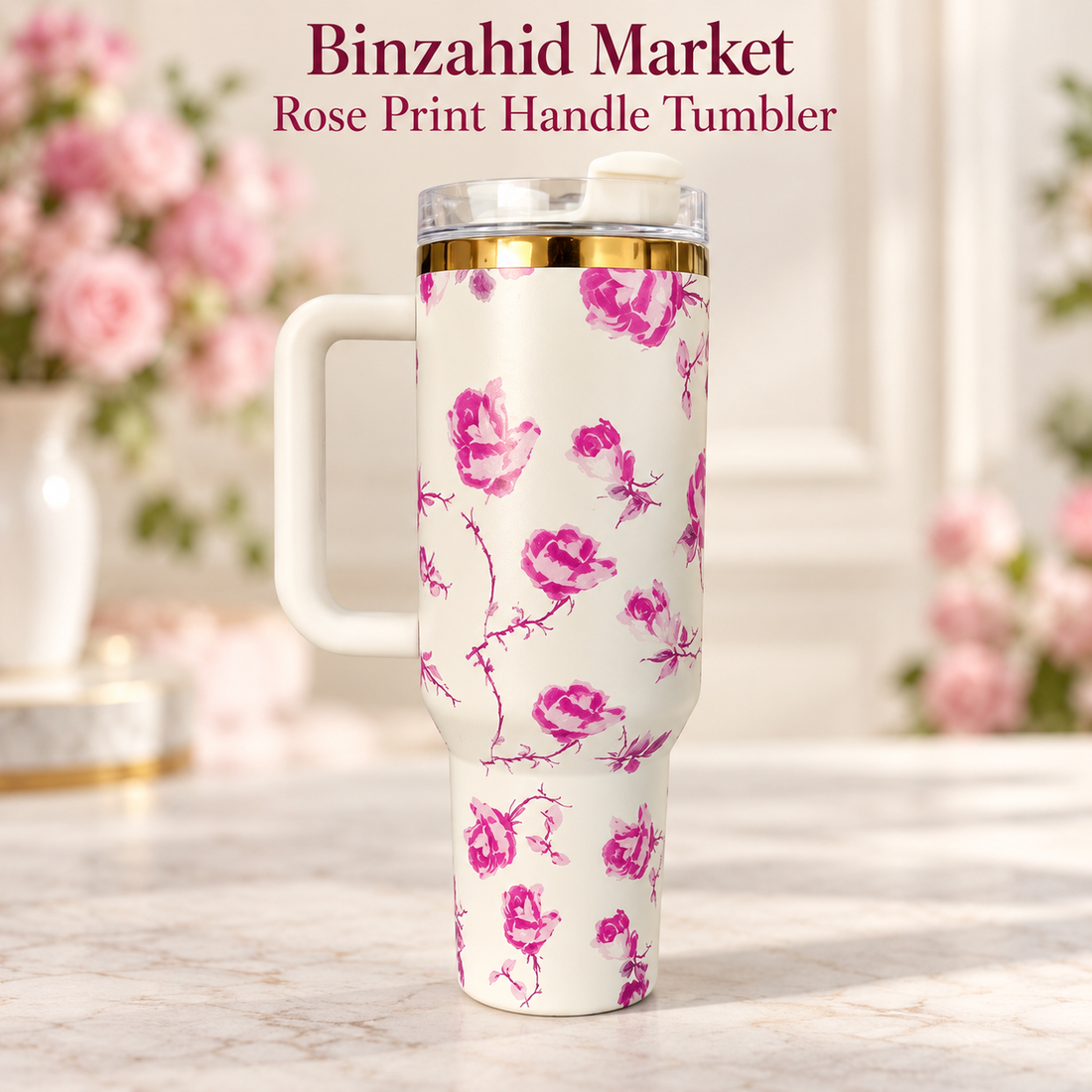 Rose Print Handle Tumbler