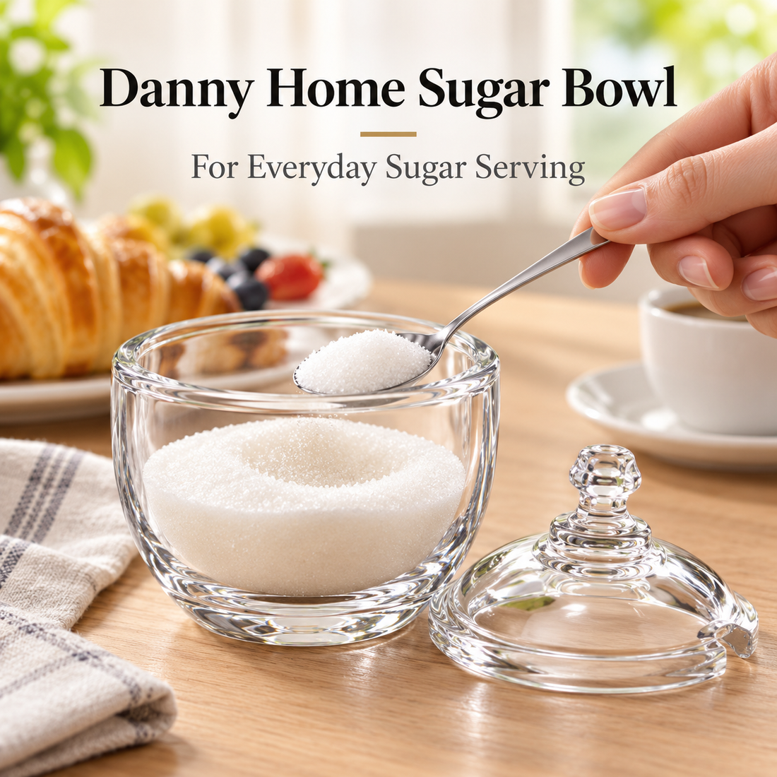 Danny Home Glass Sugar Bowl With Lid And Spoon Clear Storage Container Kitchen Serving Set 2PCS
