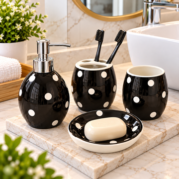 BLACK & WHITE POLKA DOT CERAMIC BATHROOM ACCESSORY SET