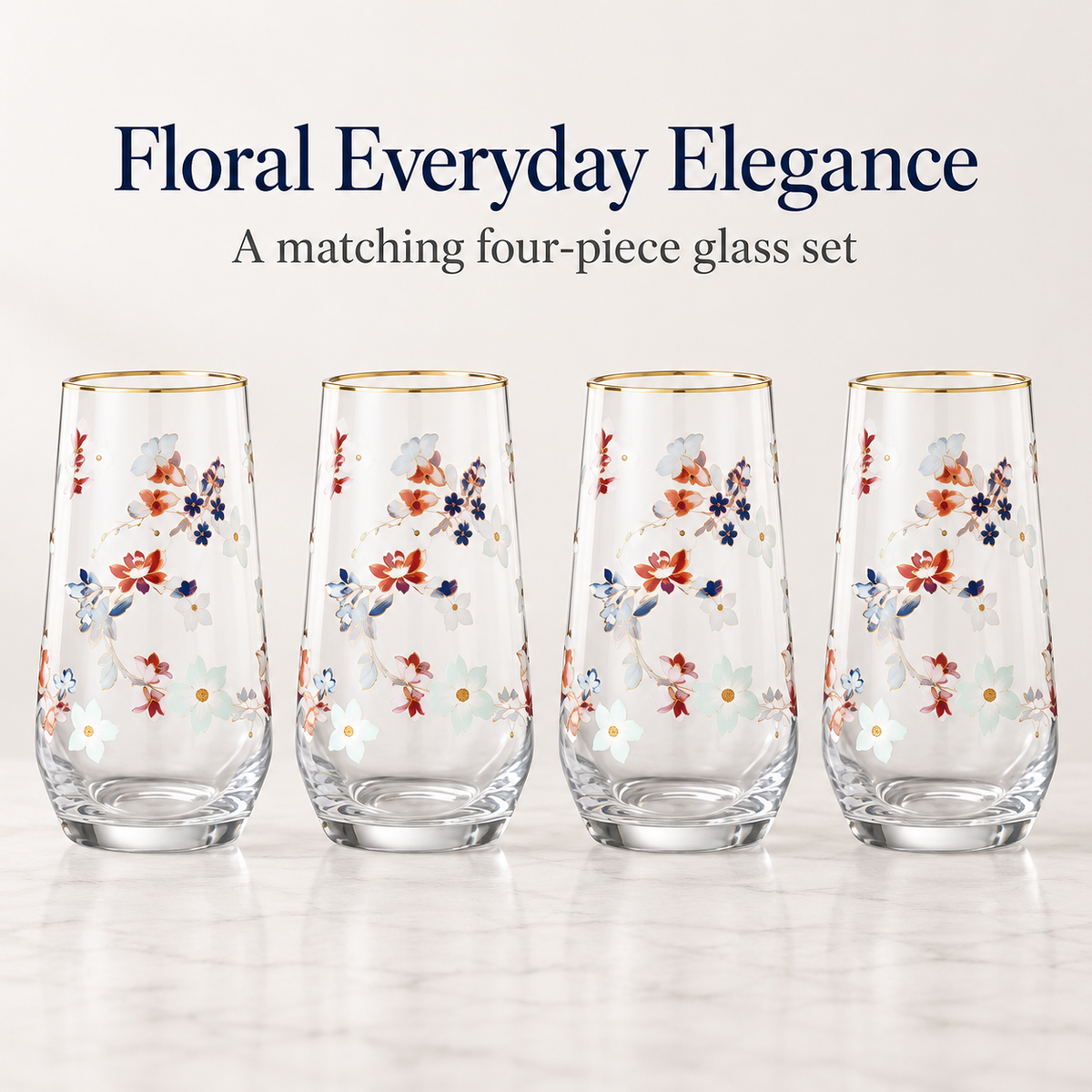 Danny Home 4 Piece Floral Gold Rim Glass Set - 560 ml