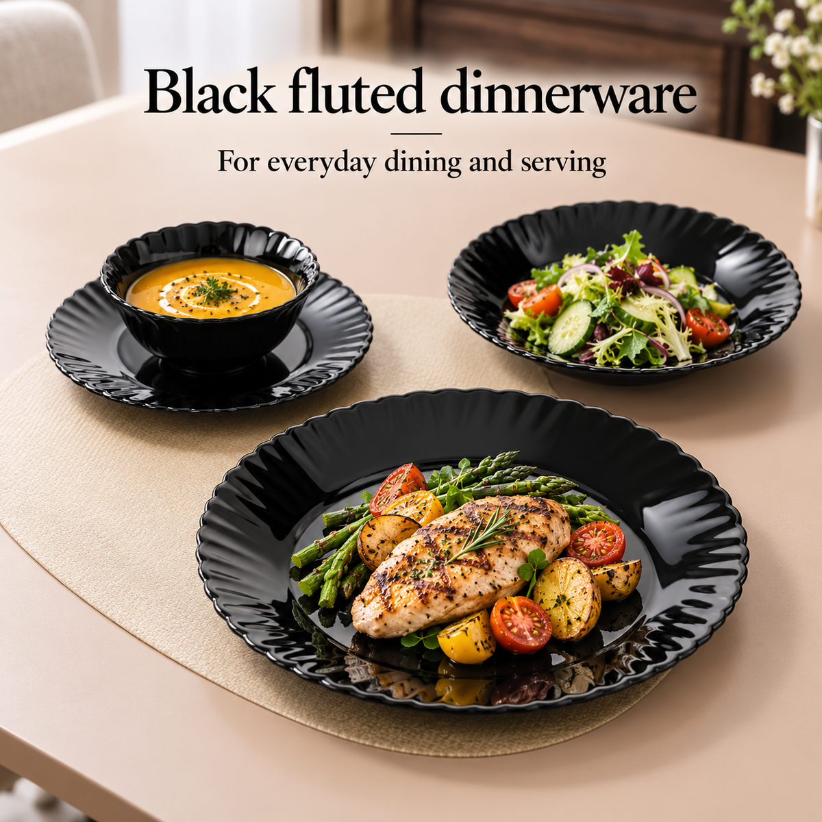 Danny Home Black Fluted Dinnerware - 24 Pieces
