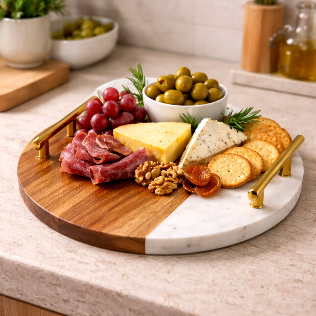 DANNY HOME MARBLE & ACACIA WOOD SERVING BOARD WITH GOLD HANDLES 25CM -CZT44-37