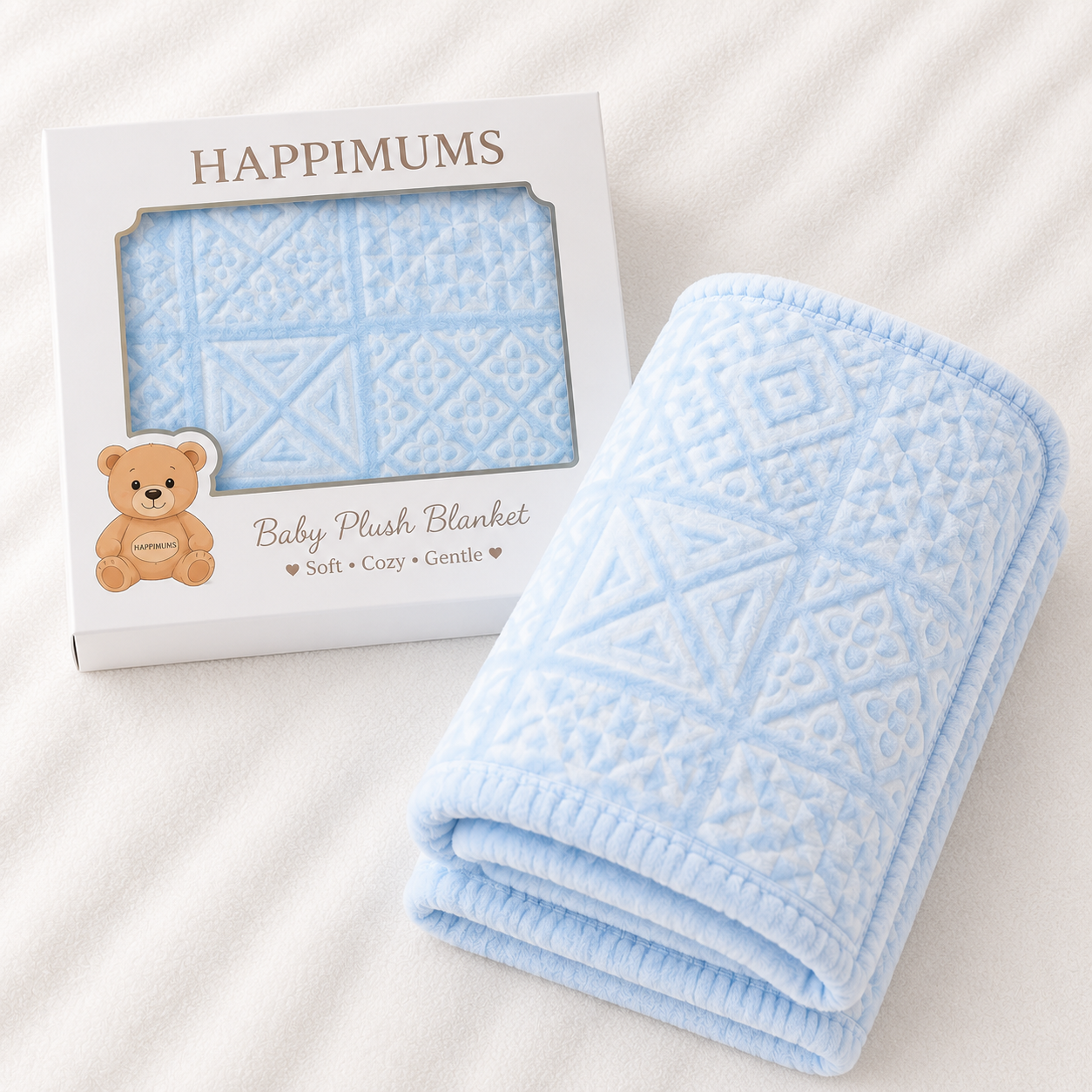 HAPPIMUMS BABY PLUSH SLEEPING BLANKET DOUBLE PLY BLUSH PATCHWORK 110 x 80 - BLUE