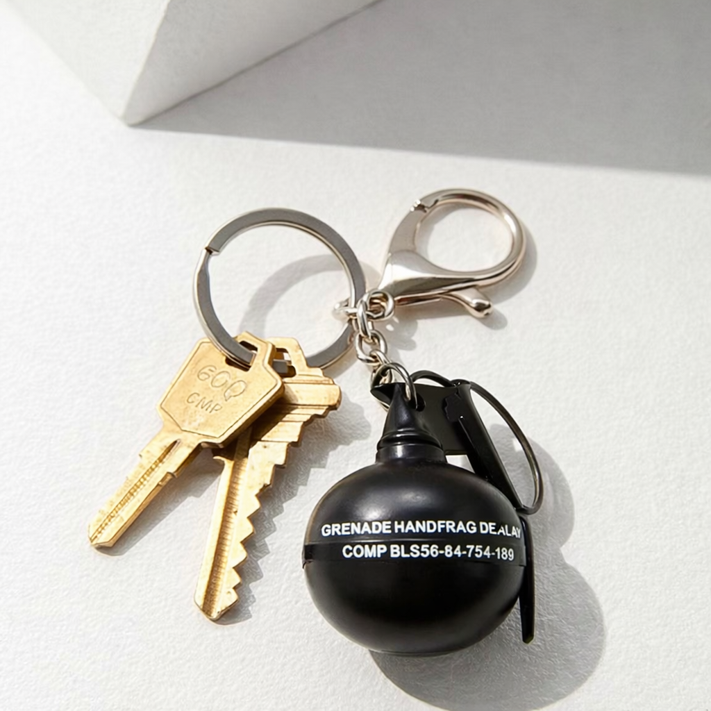 GRENADE STYLE KEYCHAIN – MINI MILITARY KEY RING BAG CHARM