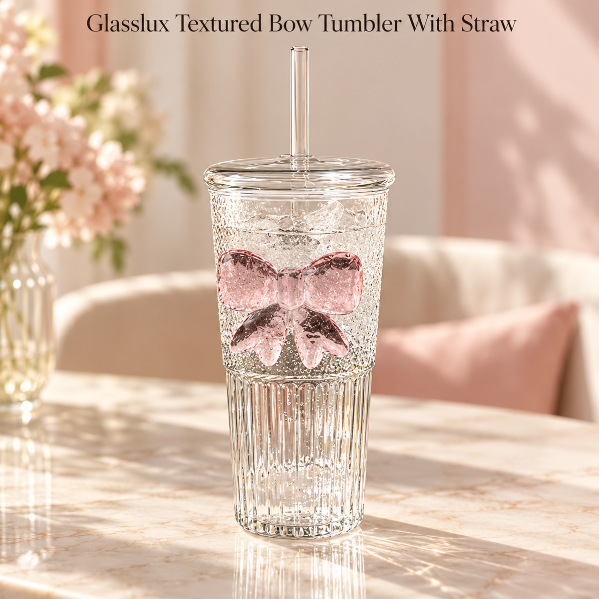 Glasslux Textured Bow Tumbler With Straw - 600 ml