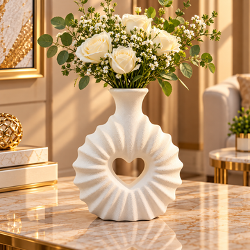WHITE HEART SHAPE RIBBED TEXTURE DECORATIVE VASE - LARGE